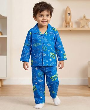 Babyhug Cotton Woven Full Sleeves Front Open Co-Ord Night Suit with Space Theme Print - Blue
