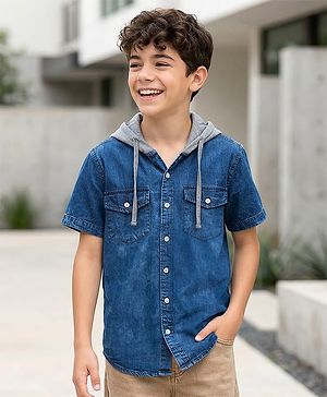 Pine Kids Cotton knit Half Sleeves Solid Color Hooded Shirt - Navy Blue