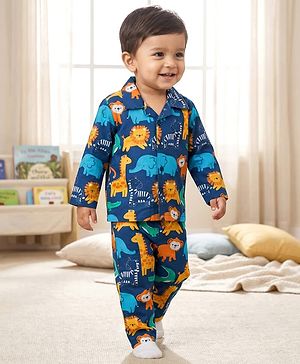 Babyhug Cotton Woven Full Sleeves Front Open Co-Ord Night Suit with Animal Print - Navy Blue