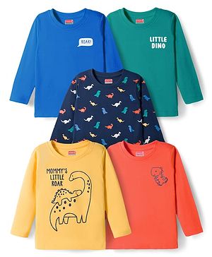 Babyhug 100% Cotton Knit Full Sleeves T-Shirts With Dino Print Pack of 5 - Multicolor