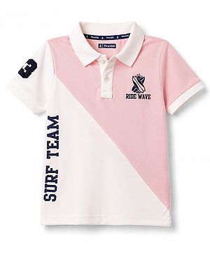 Pine Kids Cotton Knit Half Sleeves Polo T-Shirt with Cut & Sew Colour Block Design -  Pink & White