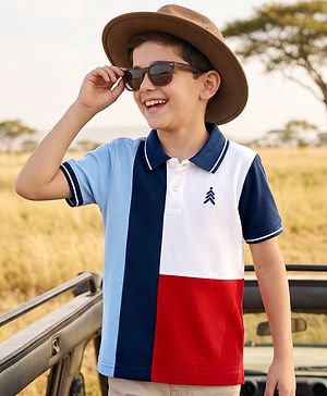 Pine Kids Cotton Knit Half Sleeves Solid Colour Polo T-Shirt  with Colour Block Design-  Red