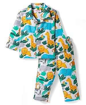 Babyhug Cotton Woven Full Sleeves Co-ord Night Suit With Animal Print - White