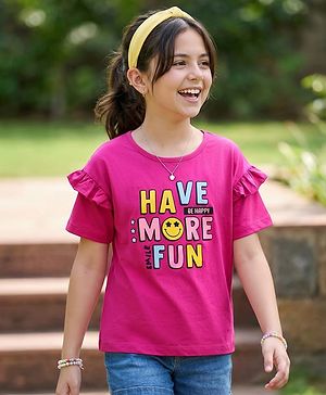 Pine Kids Cotton Knit Half Sleeves T-Shirt With Text Print - Dark Pink