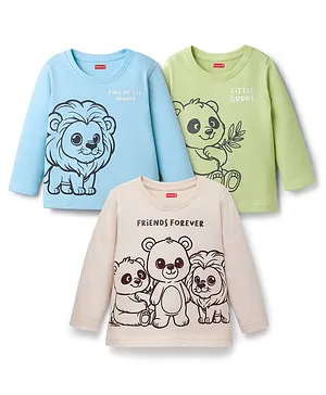 Babyhug Cotton Knit Full Sleeves T-Shirts with Animal Print Pack of 3 - Cream Light Blue & Green