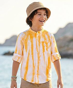 Pine Kids Cotton Woven Full Sleeves Mandarin Collar Shirt With Tie & Dye Effects - Yellow