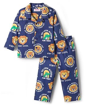 Babyhug Cotton Woven Full Sleeves Co-ord Night Suit With Animal Print - Navy Blue