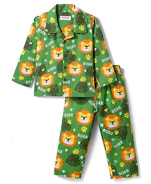 Babyhug Cotton Woven Full Sleeves Co-ord Night Suit With Animal Print - Green