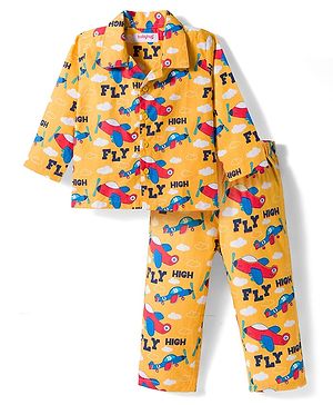 Babyhug Cotton Woven Full Sleeves Co-ord Night Suit With Plane Print - Yellow