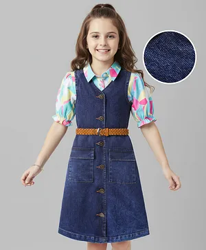 Hola Bonita Cotton Woven Half
                                  Puffed Printed Top with Denim Dress
                                  & Belt - Blue