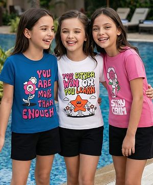 Pine Kids Cotton Knit Half Sleeves T-Shirts with Text Graphic Pack of 3 - Navy Blue Pink & White
