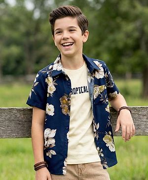 Pine Kids Viscose Half Sleeves Floral Printed Shirt With T-Shirt - Navy