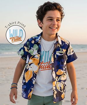 Pine Kids Viscose Woven Half Sleeves Floral Printed Shirt With T-Shirt - Navy Blue