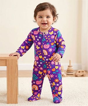 Babyhug Cotton Knit Full Sleeves Footed Sleepsuit With Floral Print - Purple