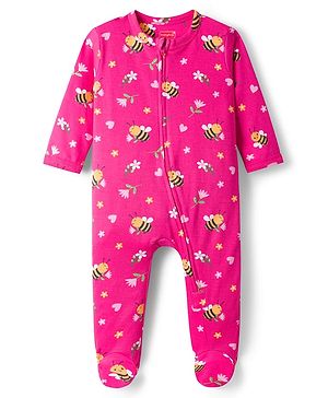 Babyhug Cotton Knit Full Sleeves Footed Sleepsuit With Floral Print - Pink