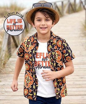 Pine Kids Viscose Woven Half Sleeves Floral Printed Shirt With Tank T-Shirt - Multicolour