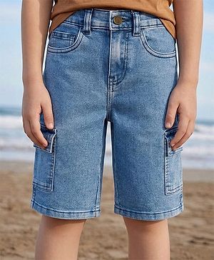 Pine Kids Denim Woven Knee Length Washed Shorts - Blue