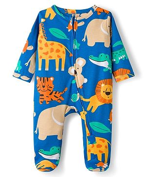 Babyhug Cotton Knit Full Sleeves Footed Sleepsuit With Animal Print - Blue