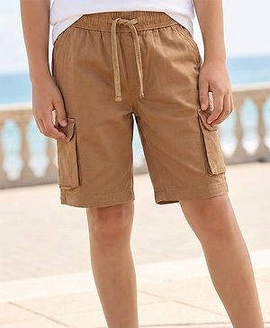 Pine Kids Cotton Elastane Woven Above Knee Length Solid Colour Shorts With Pocket - Brown