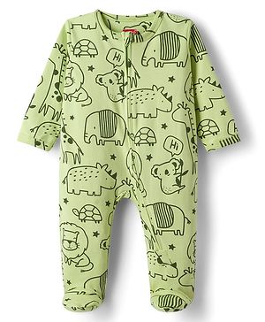 Babyhug Cotton Knit Full Sleeves Footed Sleepsuit With Animal Print - Green