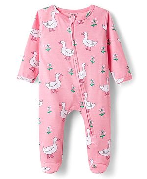 Babyhug Cotton Knit Full Sleeves Footed Sleepsuit With Bird Print - Pink