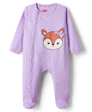 Babyhug Cotton Knit Full Sleeves Footed Sleepsuit With Animal Print - Lavender