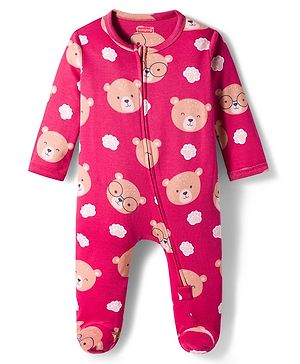Babyhug Cotton Knit Full Sleeves Footed Sleepsuit With Animal Print - Maroon