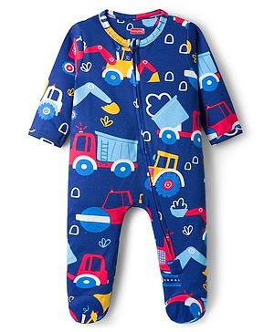 Babyhug Cotton Knit Full Sleeves Footed Sleepsuit With Vehicle Print - Navy Blue