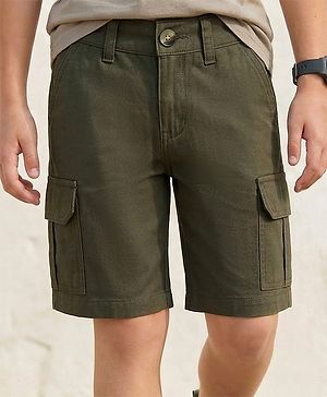 Pine Kids Cotton Elastane Woven Solid Colour Shorts - Olive Green