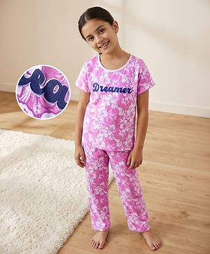 Pine Kids Single Jersey Knit Half Sleeves Capri Co-ord Night Suit With Floral Print - Lavender