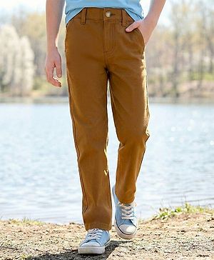 Pine Kids Cotton Elastane Woven Full Length Solid Colour Trouser - Khaki