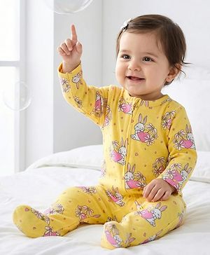 Babyhug Cotton Knit Full Sleeves Footed Sleepsuit With Animal Print - Yellow