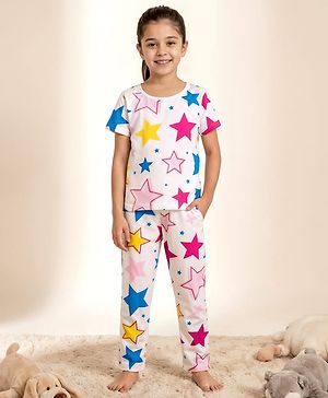 Pine Kids Single Jersey Knit Half Sleeves Co-ords Night Suit With Star Print - White