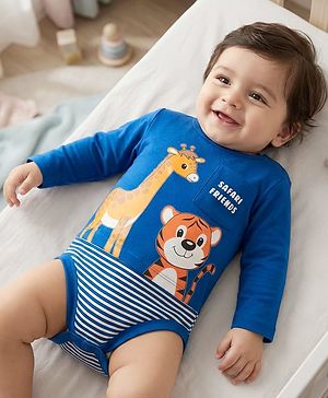Babyhug 100% Cotton Interlock Knit Full Sleeves Onesies With Animal Print - Navy Blue