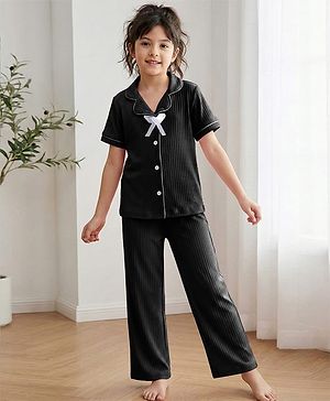 Pine Kids Drop Needle Knit Half Sleeves Solid Co-ord Night Suit With Bow Applique - Black