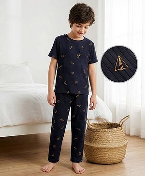 Pine Kids Drop Needle  Half Sleeves  Co-Ord Night Suit Set With Origami Plane Print - Black