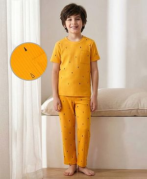 Pine Kids Drop Needle  Half Sleeves  Co-ords Night Suit With Tree Print - Yellow