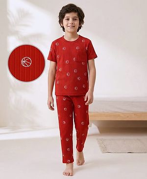 Pine Kids Drop Needle Half Sleeves  Co-ords Night Suits with Basketball Print - Red Orche