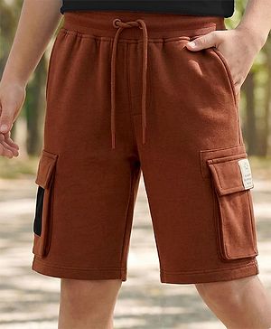 Pine Kids Looper Knit Above Knee Length Shorts With Text Badge - Brown