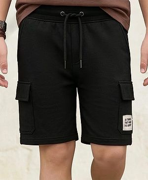 Pine Kids Looper Knit Above Knee Length Shorts With Text Badge - Black