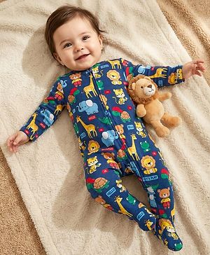Babyhug Cotton Knit Full Sleeves Footed Sleepsuit With Animal Print - Navy Blue