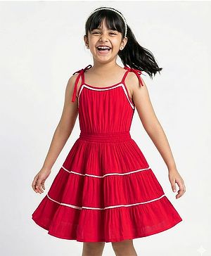 Pine Kids Crinkled Crepe Woven Sleeveless Solid Colour Frock - Maroon