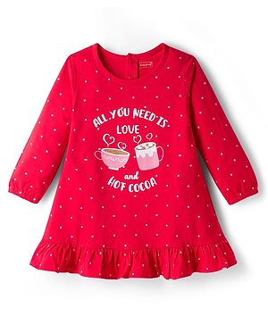 Babyhug Cotton Knit Full Sleeves Nighty With Text Print - Red