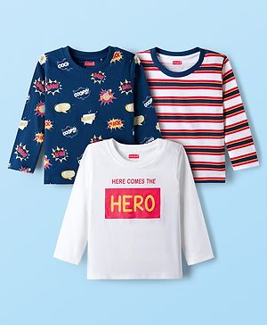 Babyhug 100% Cotton Full Sleeves T-Shirt With Text Print Pack Of 3 - White Navy Blue & Red