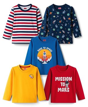 Babyhug 100% Cotton Knit Full Sleeves T-Shirts with Space Theme Print & Stripe Pack of 5 - Multicolor