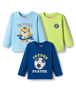 Babyhug 100% Cotton Single Jersey Knit Full Sleeves T-Shirt With Animal Print Pack Of 3 - Navy Blue Light Blue & Lime Green