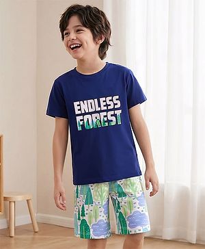Pine Kids Single Jersey Knit Half Sleeves T-Shirt & Shorts Night Suit With Forest Print - Navy Blue