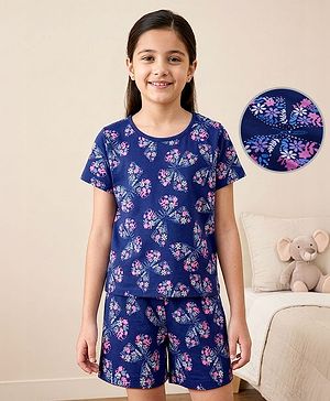 Pine Kids Single Jersey Knit Half Sleeves Co-ords Shorts Night Suit With Floral Print - Navy Blue