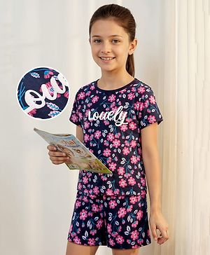 Pine Kids Single Jersey Knit Half Sleeves Shorts Co-Ord Night Suit Set With Floral Print - Navy Blue