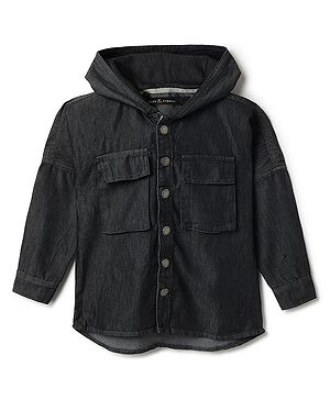 Tales & Stories Woven Full Sleeves Solid Hooded Shirt - Black